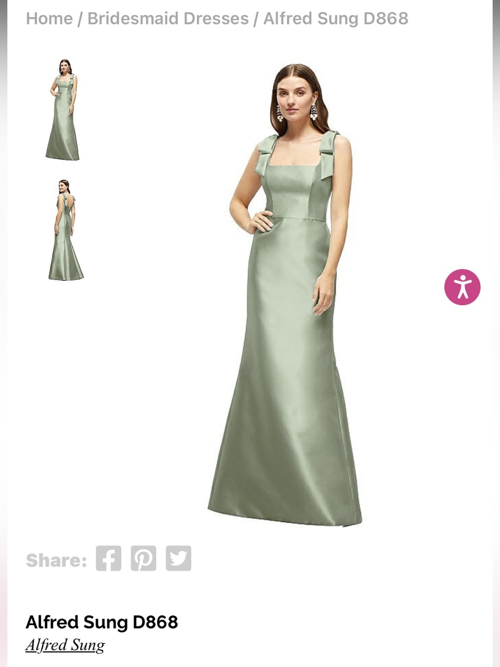 ALFRED SUNG D868 Satin Maxi Dress in Sage Green with Bow Straps - Size 2R